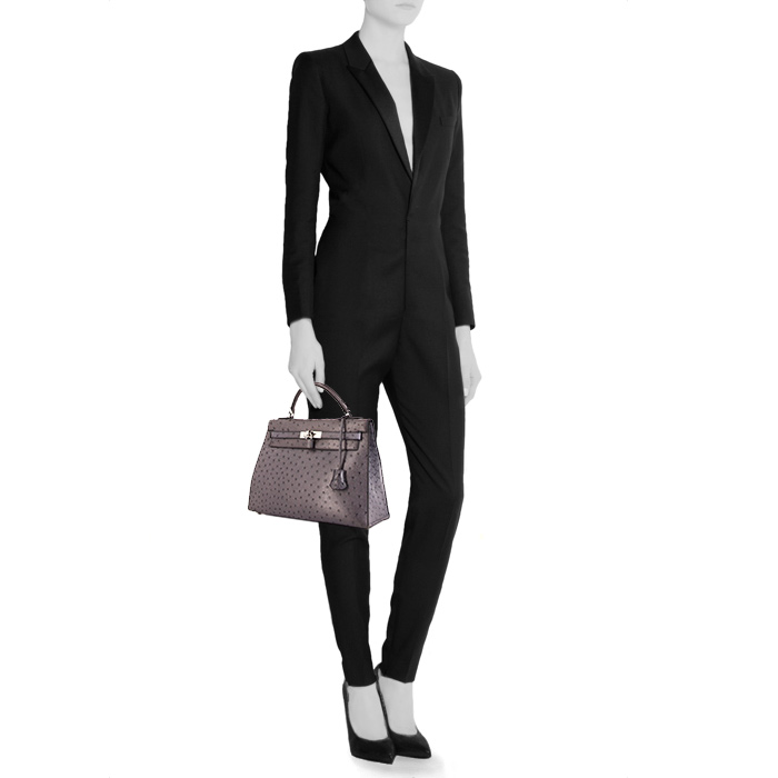 Borsa Hermes Kelly 32 cm in struzzo grigio - Detail D1