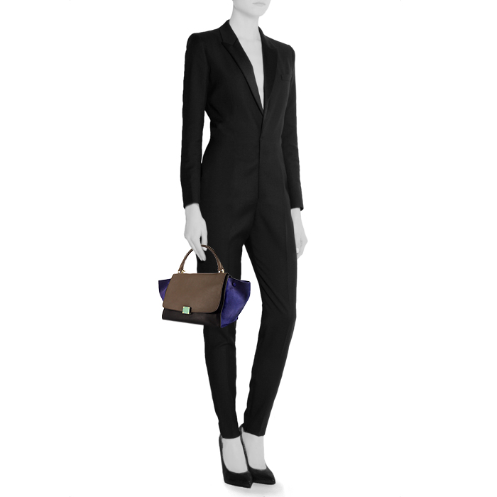 Celine Trapeze medium model handbag in brown and black leather and blue suede - Detail D1