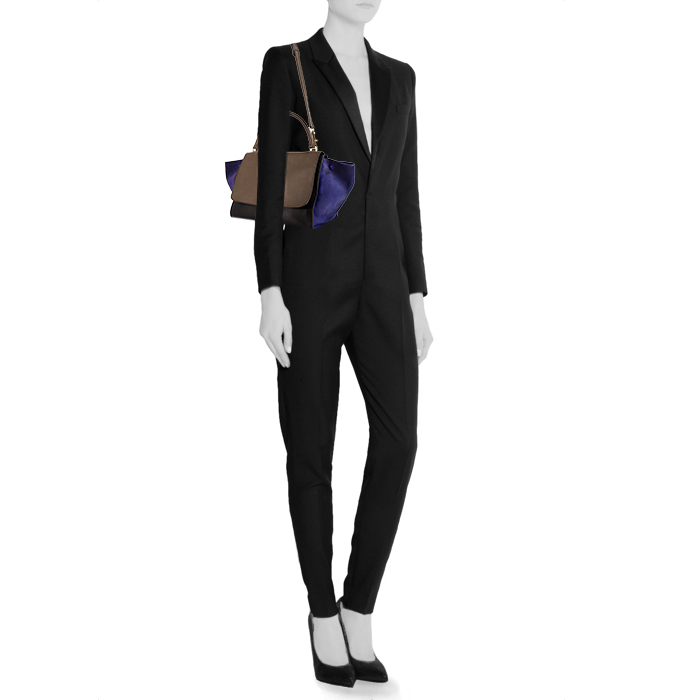 Celine Trapeze medium model handbag in brown and black leather and blue suede - Detail D2