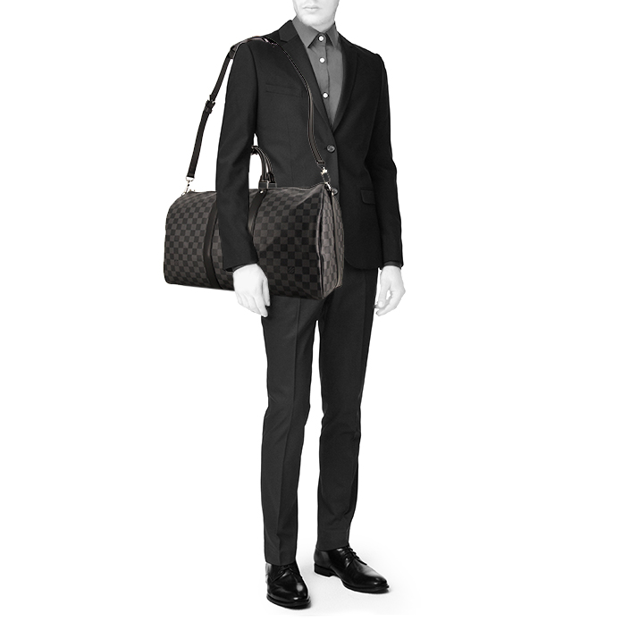 Borsa da viaggio Louis Vuitton Keepall 45 in tela a scacchi grigio Graphite e pelle nera - Detail D2