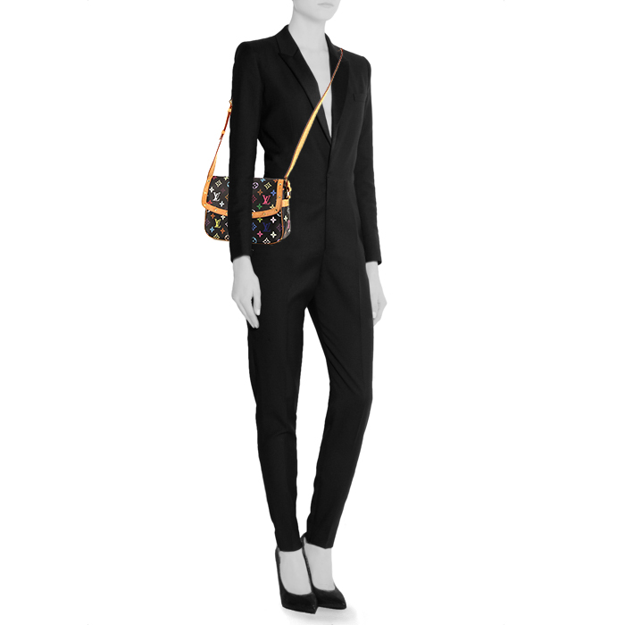 Borsa Louis Vuitton Sologne in tela monogram multicolore nera e pelle naturale - Detail D1