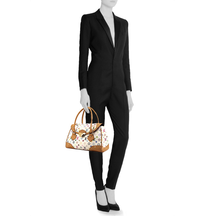Louis Vuitton Beverly handbag in white multicolor monogram canvas and natural leather - Detail D1