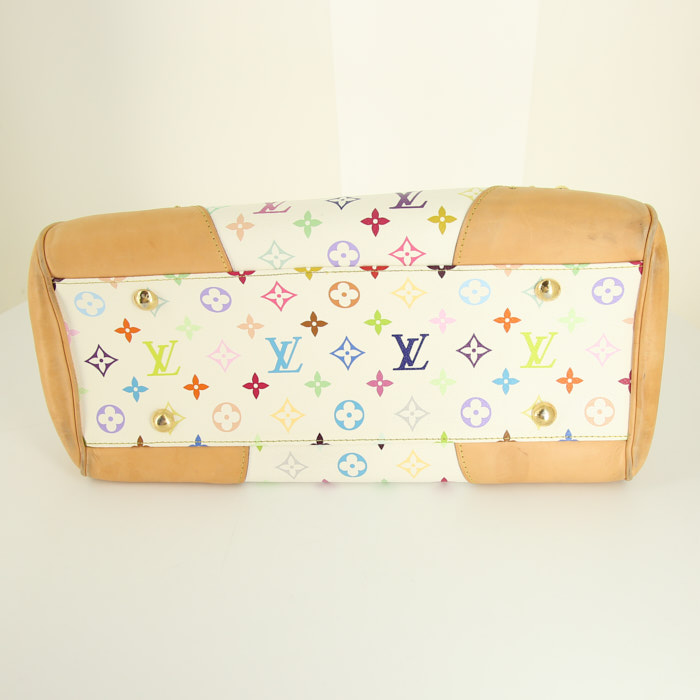 Bolso de mano Louis Vuitton Beverly en lona Monogram revestida multicolor blanca y cuero natural - Detail D4