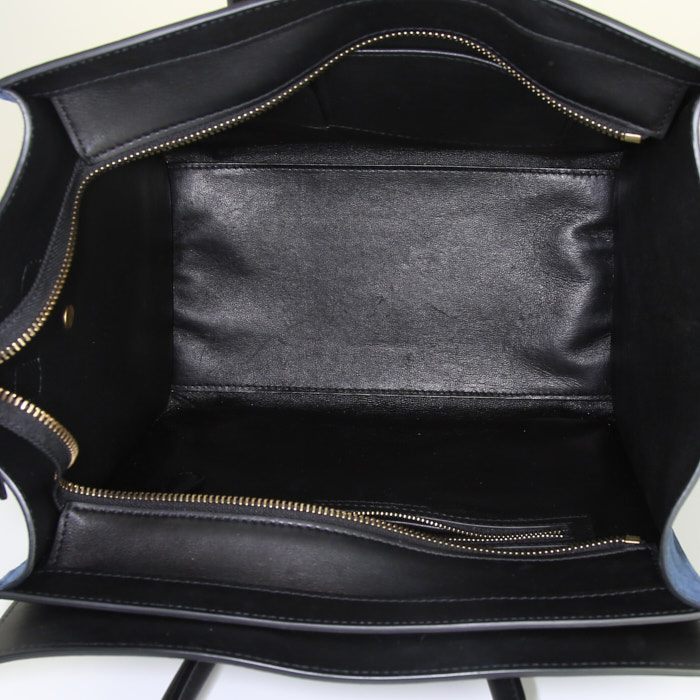 Borsa Celine Luggage in pelle marrone cioccolato e beige e camoscio blu - Detail D2