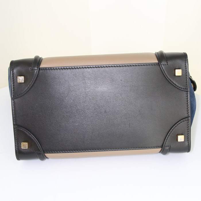 Bolso de mano Celine Luggage en cuero marrón chocolate y beige y ante azul - Detail D4