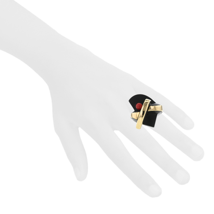 Bague Sophia Vari Paloma en ébène,  or jaune et corail - Detail D1