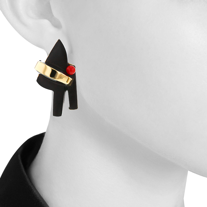 Sophia Vari Paloma earrings for non pierced ears in ebony,  yellow gold and coral