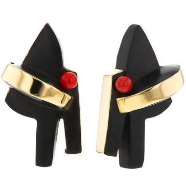 Sophia Vari Paloma earrings for non pierced ears in ebony,  yellow gold and coral