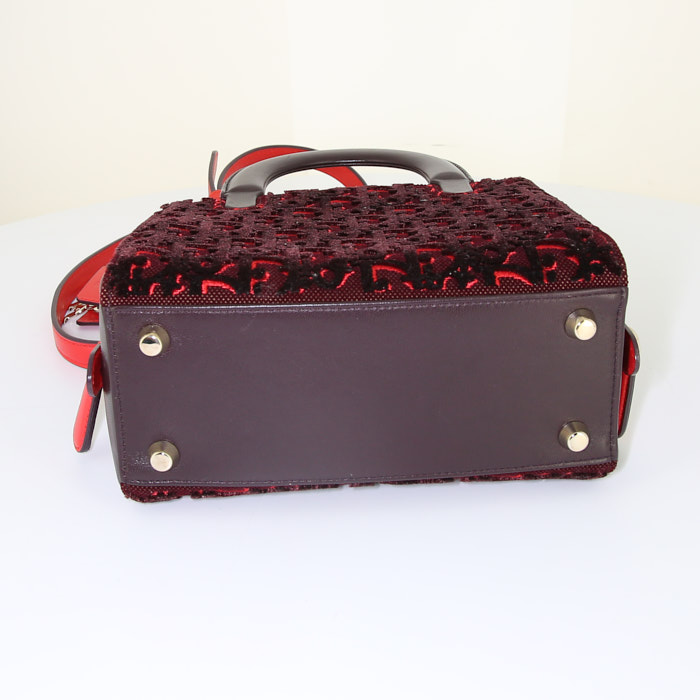 Dior Lily shoulder bag in red and burgundy leather and pink velvet - Detail D5