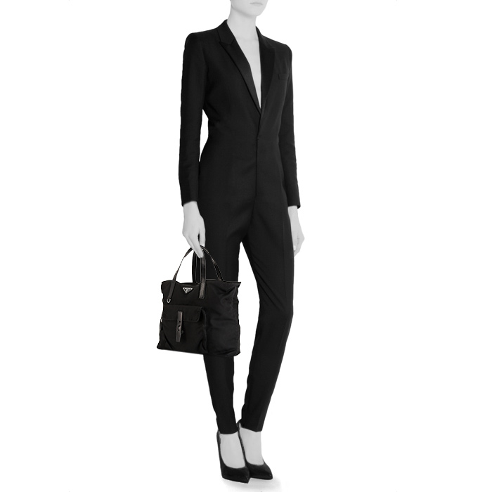 Shopping bag Prada in tessuto nero e pelle nera - Detail D1
