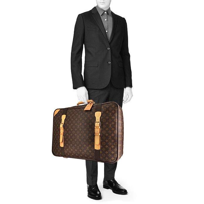 Valise Louis Vuitton en toile monogram et cuir naturel - Detail D1