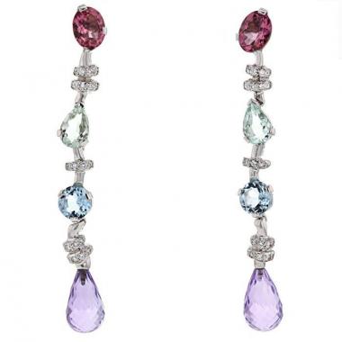Pendientes colgantes Chanel Vénitienne modelo grande en oro blanco,  diamantes y topacio azul, en turmalina rosa y en aguamarina