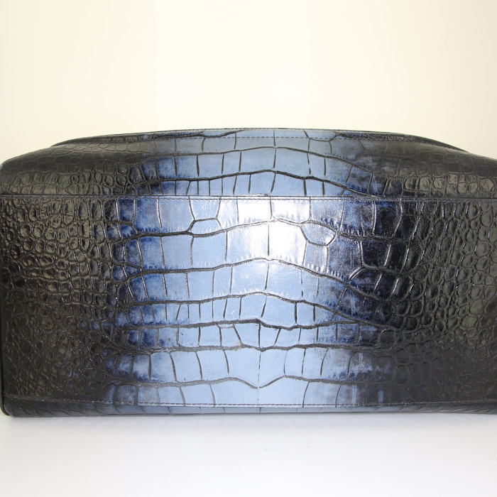 Borsa ventiquattrore Versace Palazzo Empire modello grande in pelle nera e blu simil coccodrillo e pelle nera - Detail D4