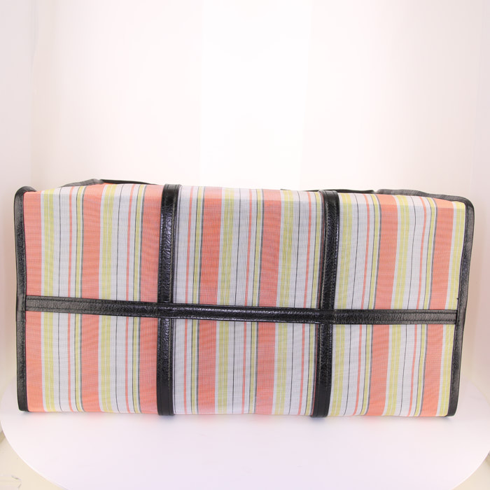 Sac cabas Balenciaga Bazar shopper taille XL en toile tricolore orange jaune et blanche et cuir noir - Detail D4