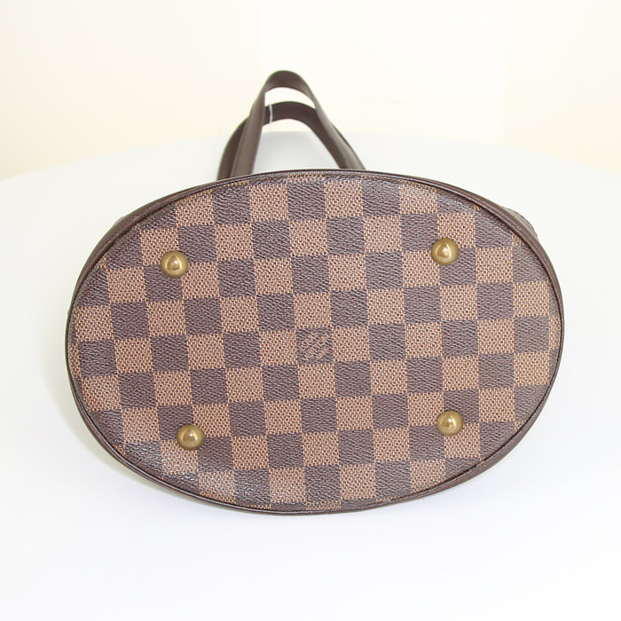 Louis Vuitton petit Bucket shopping bag in brown damier canvas and brown leather - Detail D4