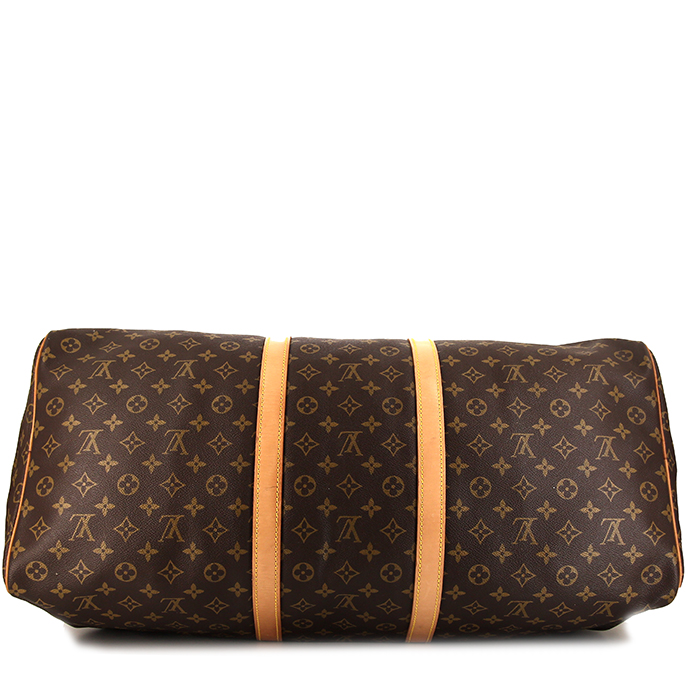 Bolsa de viaje Louis Vuitton  Keepall 60 en lona Monogram marrón y cuero natural - Detail D4