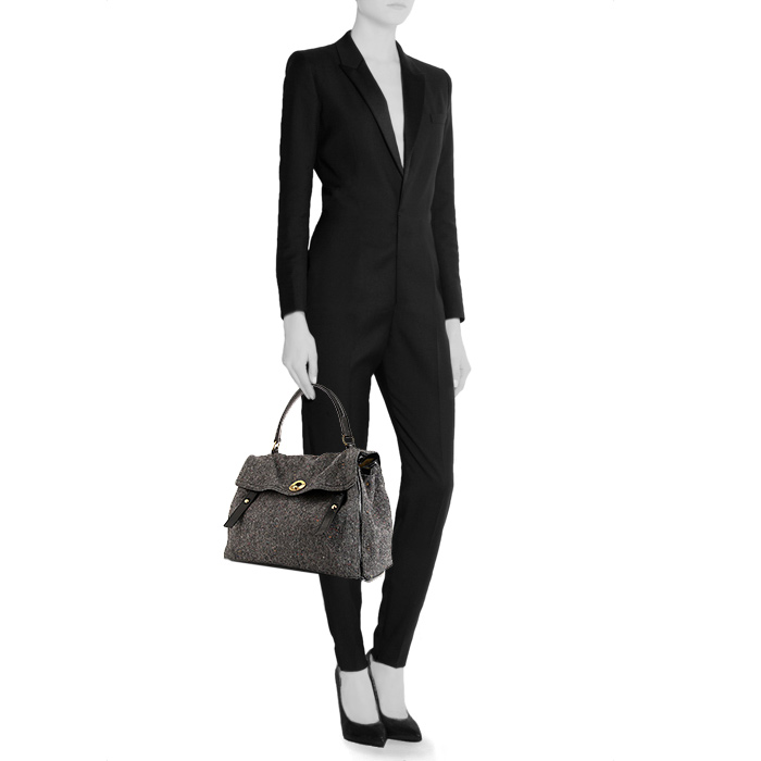 Yves Saint Laurent Muse Two large model handbag in grey canvas and black patent leather - Detail D1