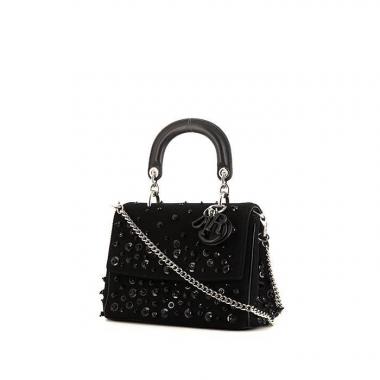 Borsa a tracolla Dior Be Dior in tela nera ricamata con perle
