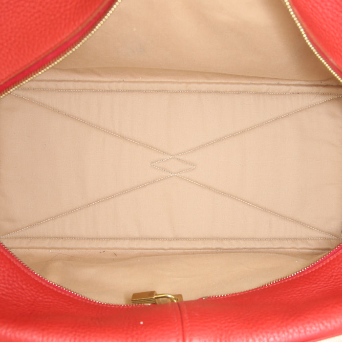 Borsa da viaggio Hermes Victoria in tela cerata beige e pelle togo rossa - Detail D2
