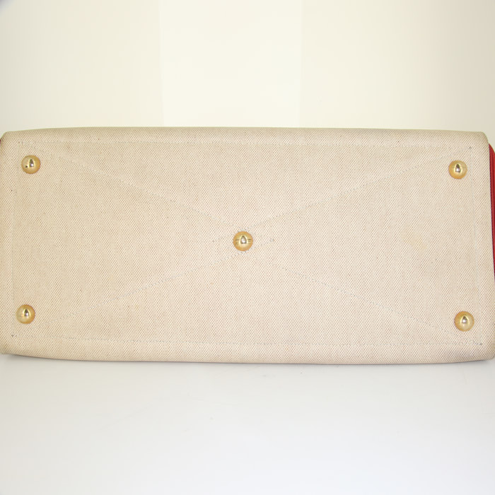 Bolsa de viaje Hermes Victoria en lona revestida beige y cuero togo rojo - Detail D4