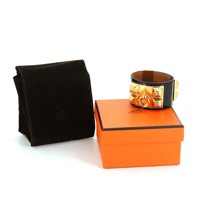 Brazalete Hermes Médor en oro chapado y cuero negro