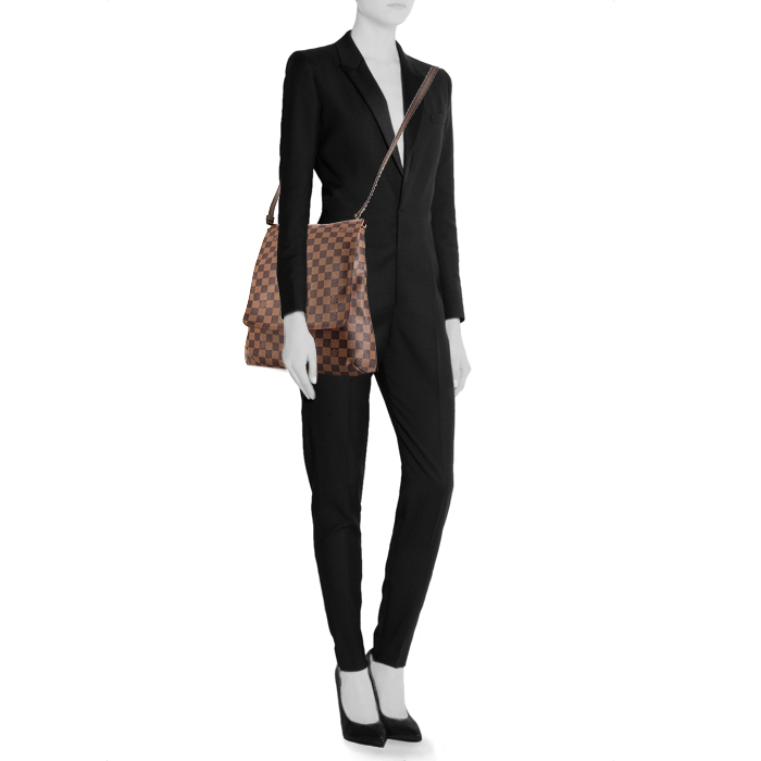 Borsa a tracolla Louis Vuitton Musette in tela a scacchi marrone e pelle marrone - Detail D1