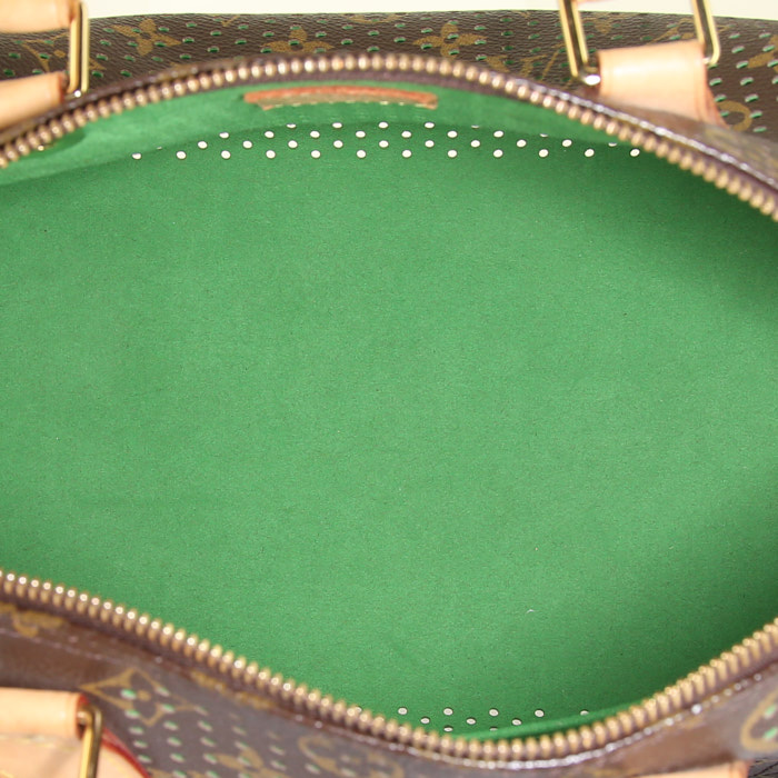 Sac à main Louis Vuitton Speedy Editions Limitées en toile monogram marron et verte et cuir naturel - Detail D2