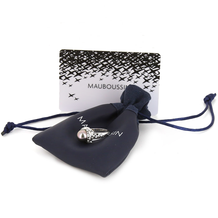 Sortija Mauboussin Perle Caviar Mon Amour en oro blanco,  diamantes blancos y diamantes negros y en perla cultivada gris plateado - Detail D2