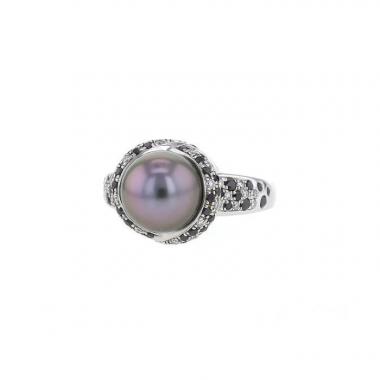 Anello Mauboussin Perle Caviar Mon Amour in oro bianco,  diamanti bianchi e diamanti neri e perla coltivata grigio argentato