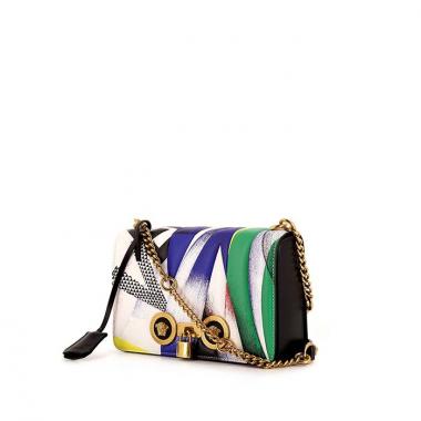 Borsa a tracolla Versace Icone in pelle bianca blu verde e rossa e pelle nera