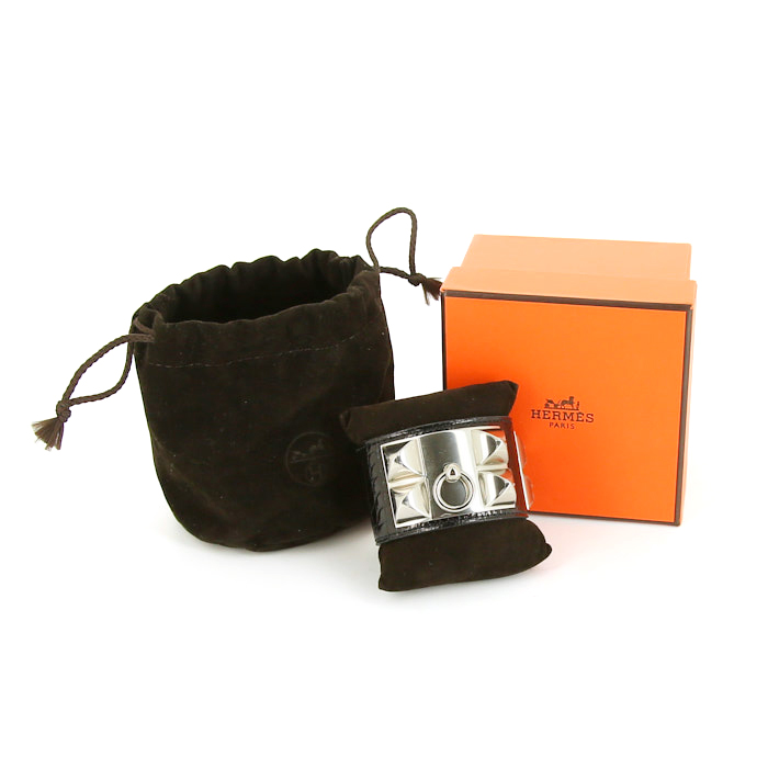 Bracelet manchette Hermes Médor en palladium et cuir noir - Detail D2