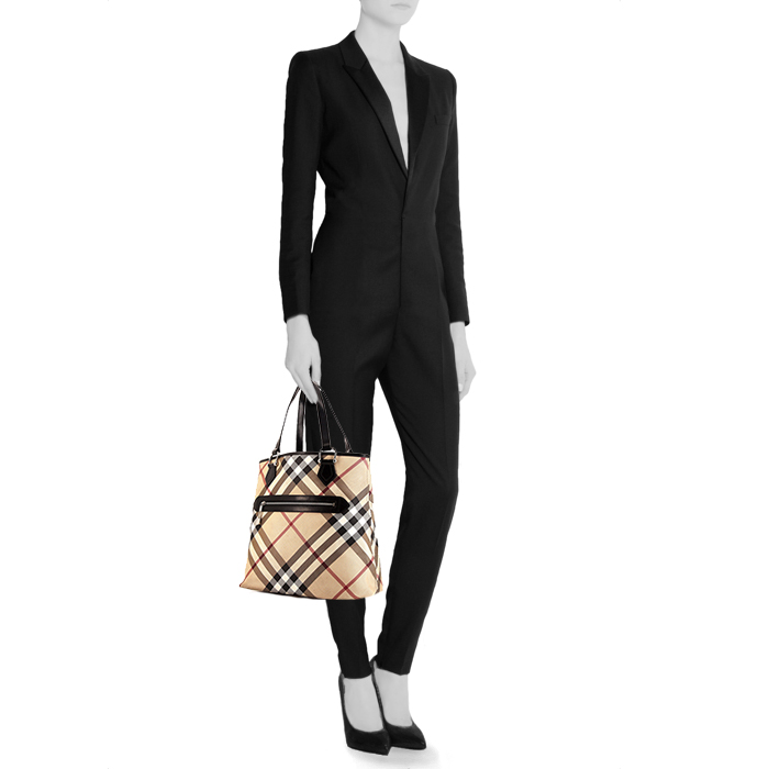 Burberry shopping bag in beige Haymarket canvas and black leather - Detail D1