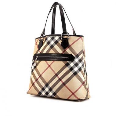 Shopping bag Burberry in tela Haymarket beige e pelle nera