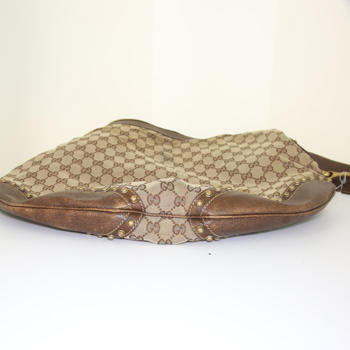 Borsa a tracolla Gucci Pelham in tela monogram grigia con decoro di borchie e pelle marrone - Detail D4