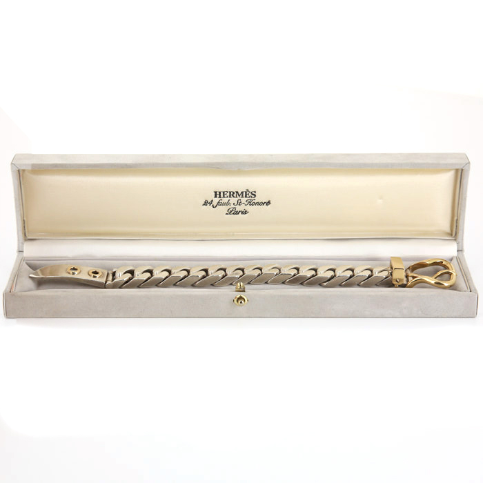 Flexible Hermès Boucle Sellier large model bracelet in silver and yellow gold - Detail D2