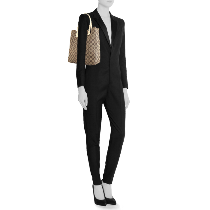 Shopping bag Gucci Joy in tela monogram beige e pelle bianca - Detail D1