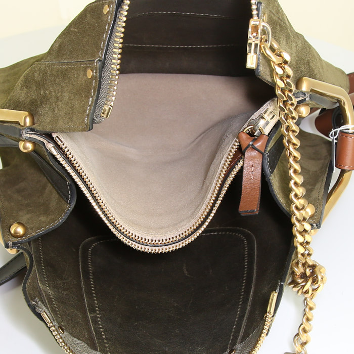 Chloé Hayley shoulder bag in dark green suede and brown leather - Detail D2