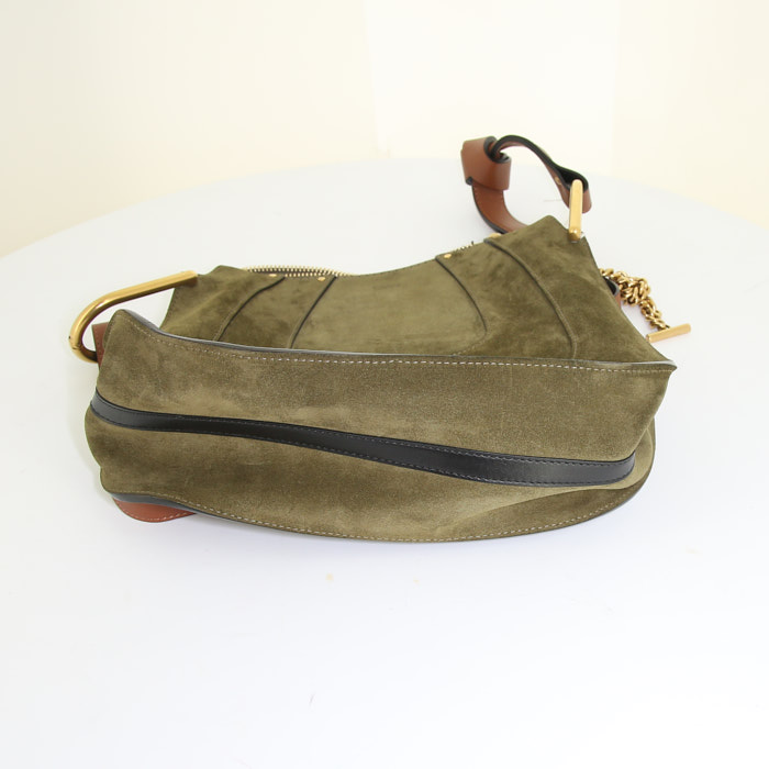 Chloé Hayley shoulder bag in dark green suede and brown leather - Detail D4