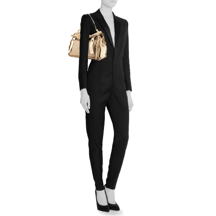 Borsa Yves Saint Laurent Muse Two modello medio in tela jersey beige e camoscio beige - Detail D1