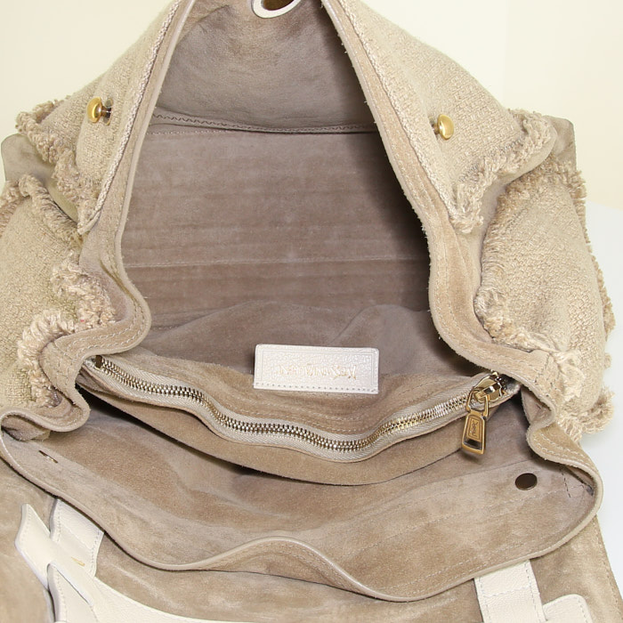 Bolso de mano Yves Saint Laurent Muse Two modelo mediano en tejido jersey beige y ante beige - Detail D2