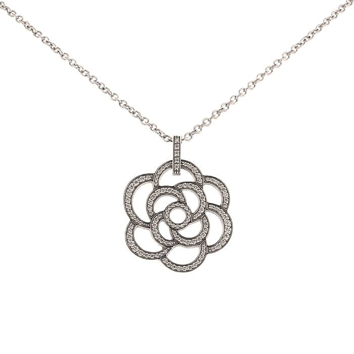 Chanel White Gold, Black Ceramic and Diamond Camellia Necklace, Pendant, Contemporary Jewelry