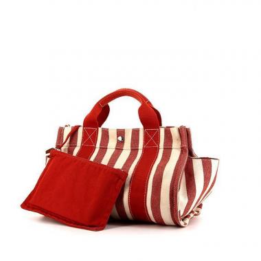 Sac Hermes Cannes en toile imprimée à motif rayé blanche et rouge