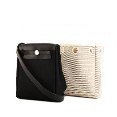 Sac bandoulière Hermes Herbag en toile noire et cuir naturel noir