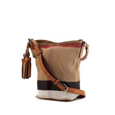 Borsa a tracolla Burberry Ashby modello piccolo in tela beige nera bianca e rossa e pelle marrone