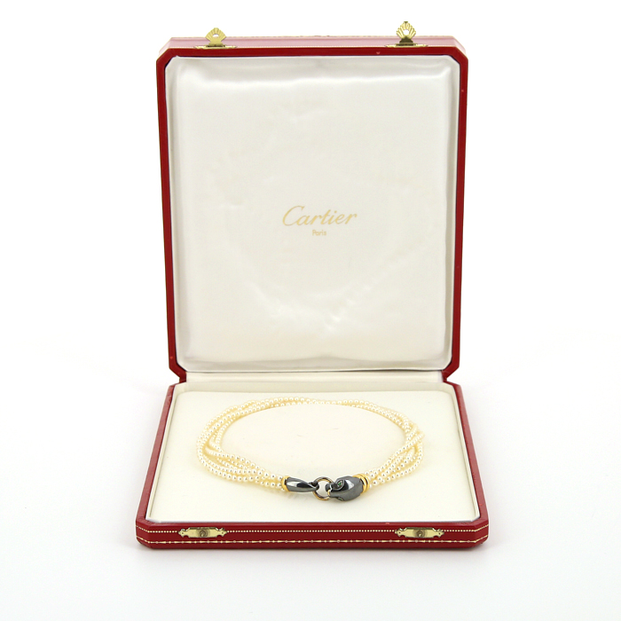 Opening Cartier Panthère 1990's necklace in pearls,  yellow gold and blackened gold - Detail D2