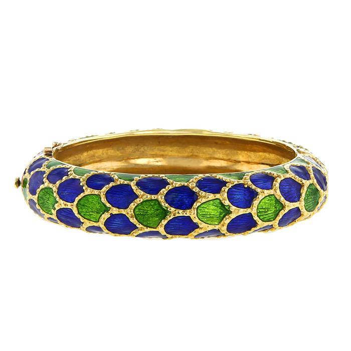 Tiffany & Co 1960s Gold Blue Green Enamel Bracelet and pin Set -  Upper-Luxury