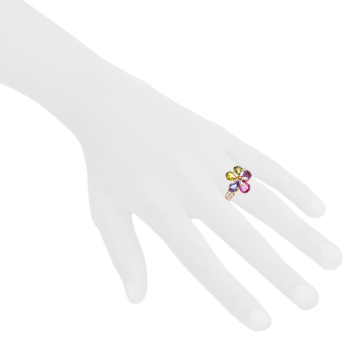 Bague Bulgari Flora en or jaune,  saphirs multicolores et diamants - Detail D1