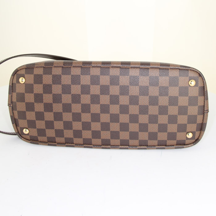 Shopping bag Louis Vuitton Kensington in tela a scacchi marrone e pelle marrone - Detail D5