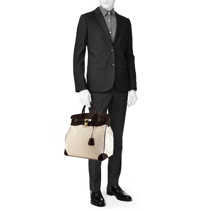 Borsa weekend Hermes Haut à Courroies in tela beige e pelle Barenia marrone - Detail D1