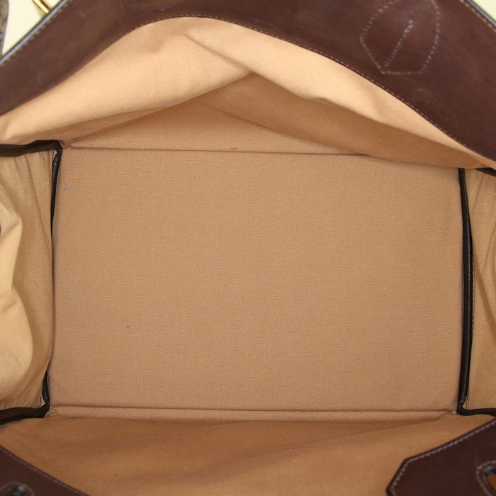 Borsa weekend Hermes Haut à Courroies in tela beige e pelle Barenia marrone - Detail D2